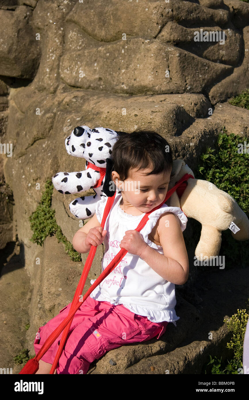 Ein halb-Thai-Mädchen sitzt mit zwei Spielzeughunde am unteren Ende einer Wand an einem sonnigen Sommertag in Skegness Stockfoto