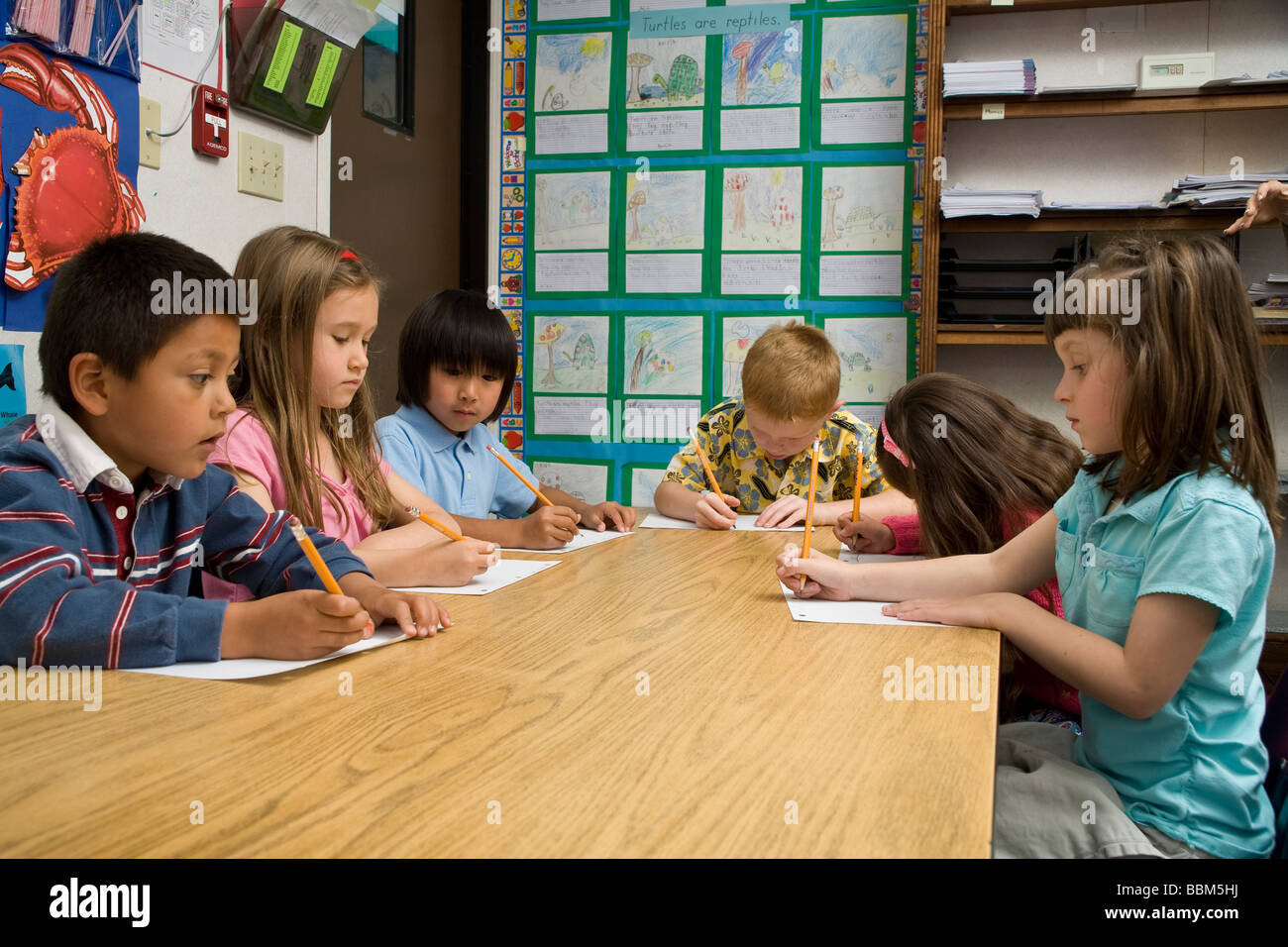 Jungen Mädchen Schule klasse Kindergarten Klasse junge Kinder 5-6 Jahre alten Vielfalt ethnisch vielfältigen multikulturellen interracial Wand artwork HERR © Myrleen Pearson Stockfoto