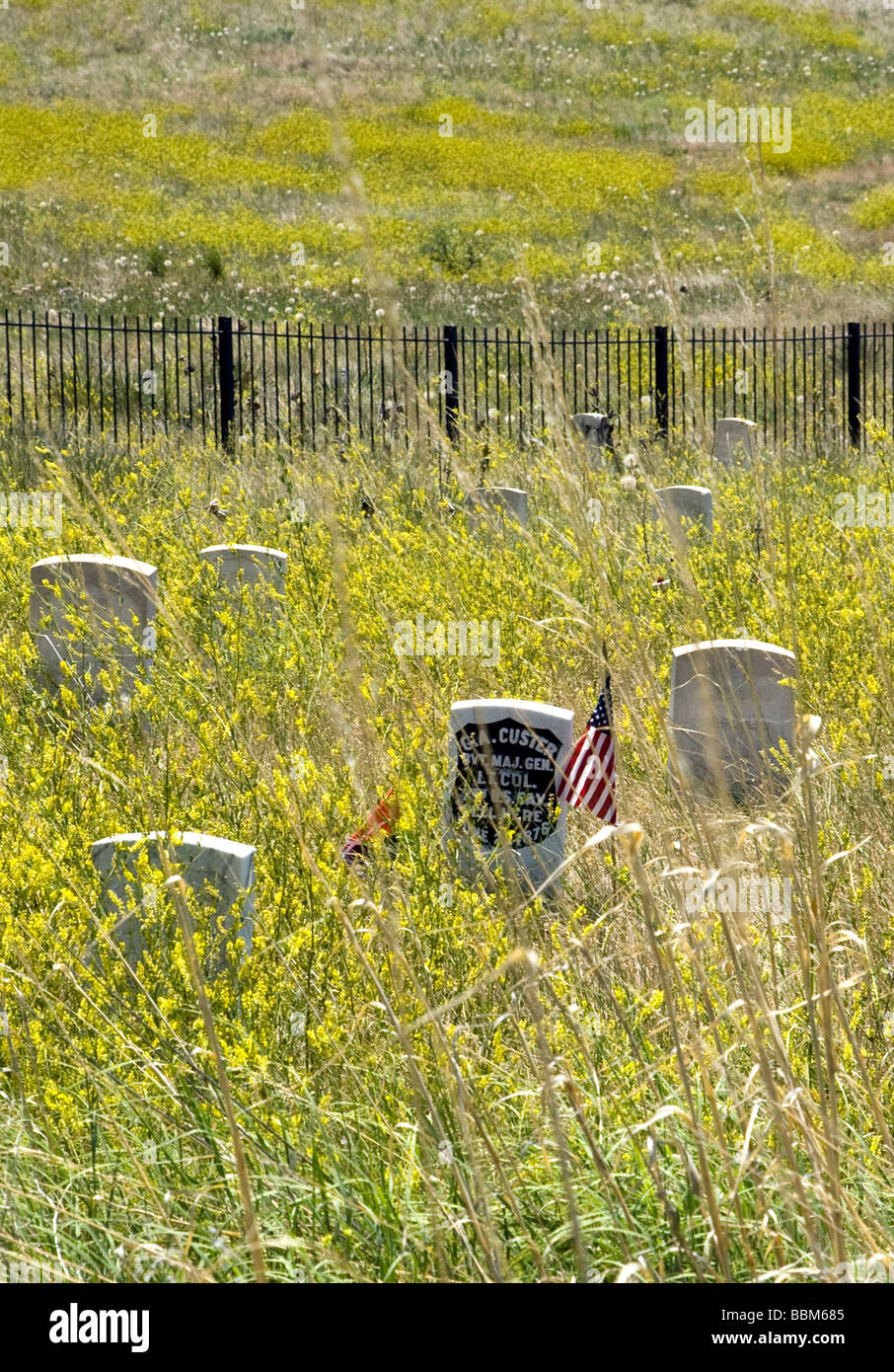 Oberstleutnant George A. Custer's Grabstein, Little Bighorn Battlefield National Monument., Big Horn County, Montana. Stockfoto