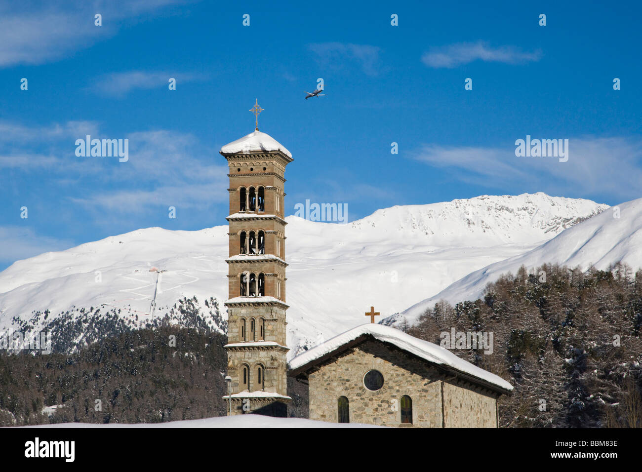St. Karl Church in St. Moritz Bad St. Moritz, winter, Graubünden, Bündner Berge, Alpen, Schweiz Stockfoto