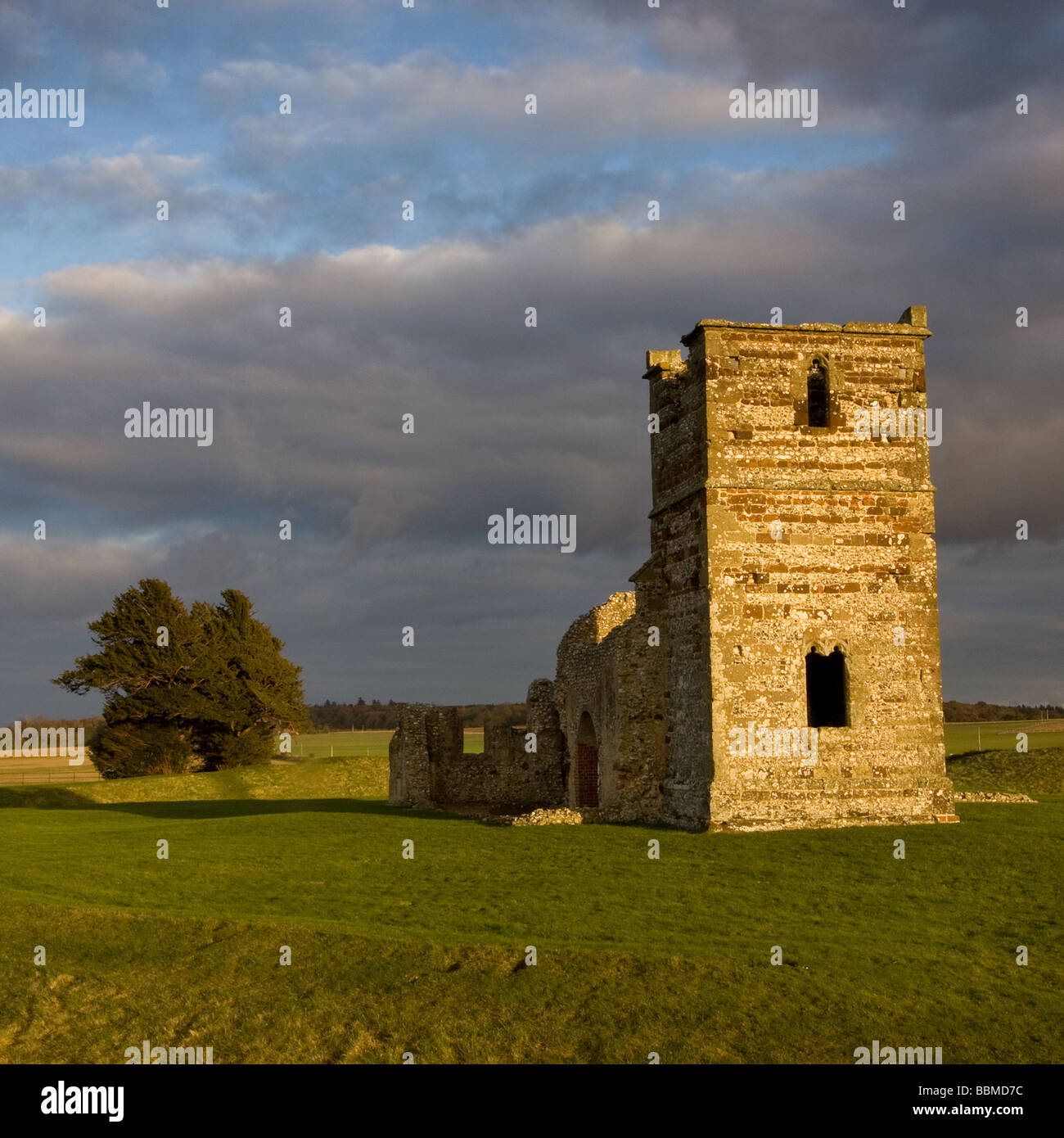 Späten Herbstsonne auf den Resten der mittelalterlichen Kirche von Knowlton, Dorset Stockfoto