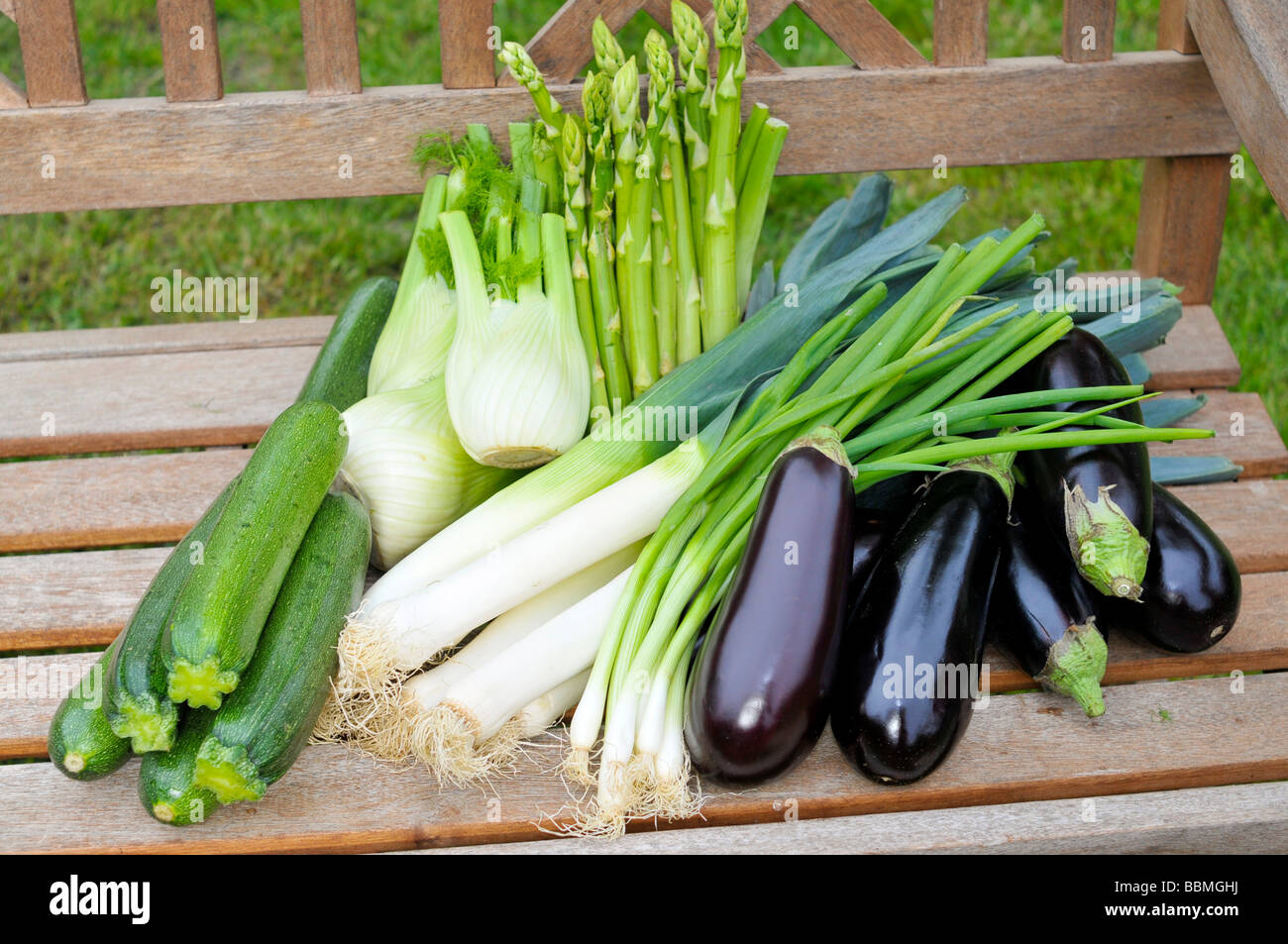 Grüner Spargel, Auberginen, Zucchini, Frühlingszwiebeln, Fenchel, Lauch Stockfoto