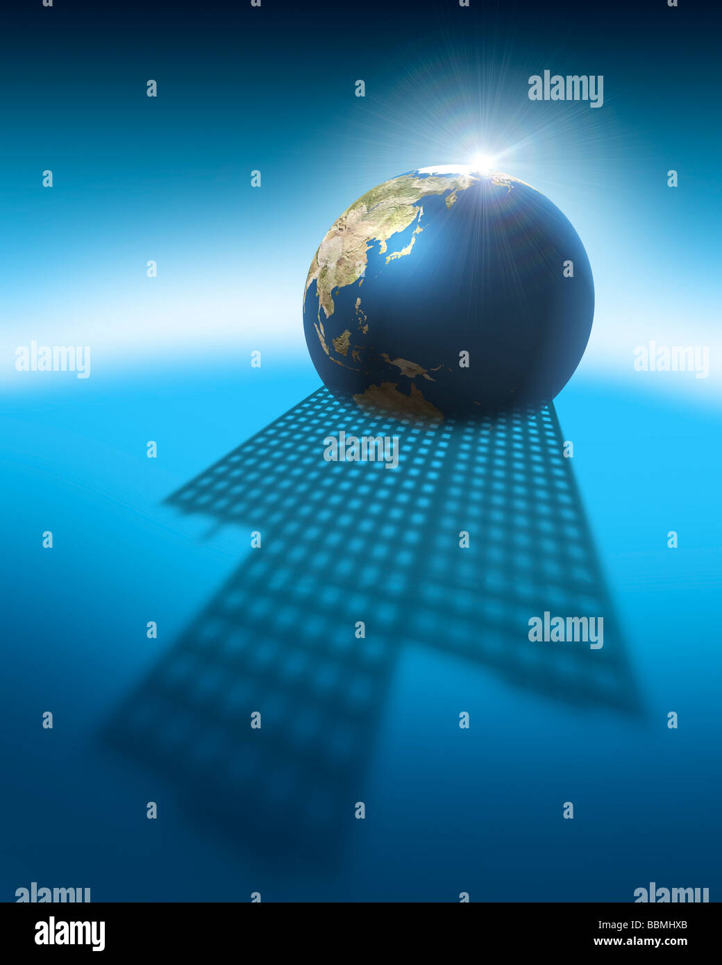 Globus auf Lichtstrahl mit Pfeil-Symbol Stockfoto