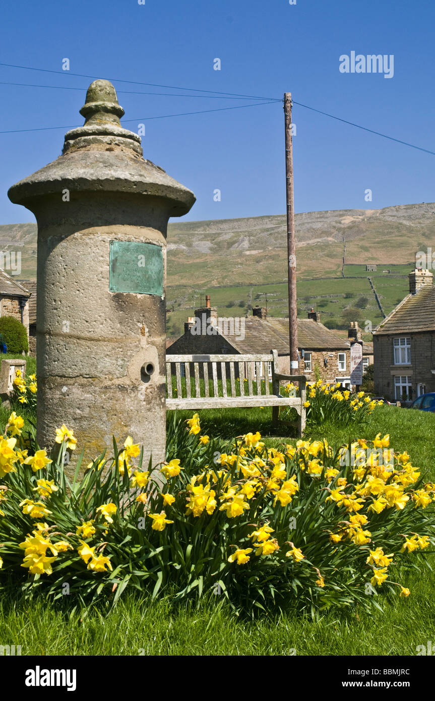 dh REETH NORTH YORKSHIRE gut trinken Yorkshire Dales National Park Dorf Narzissen Sitzbank Wasserpumpe Frühling Blumen Stockfoto