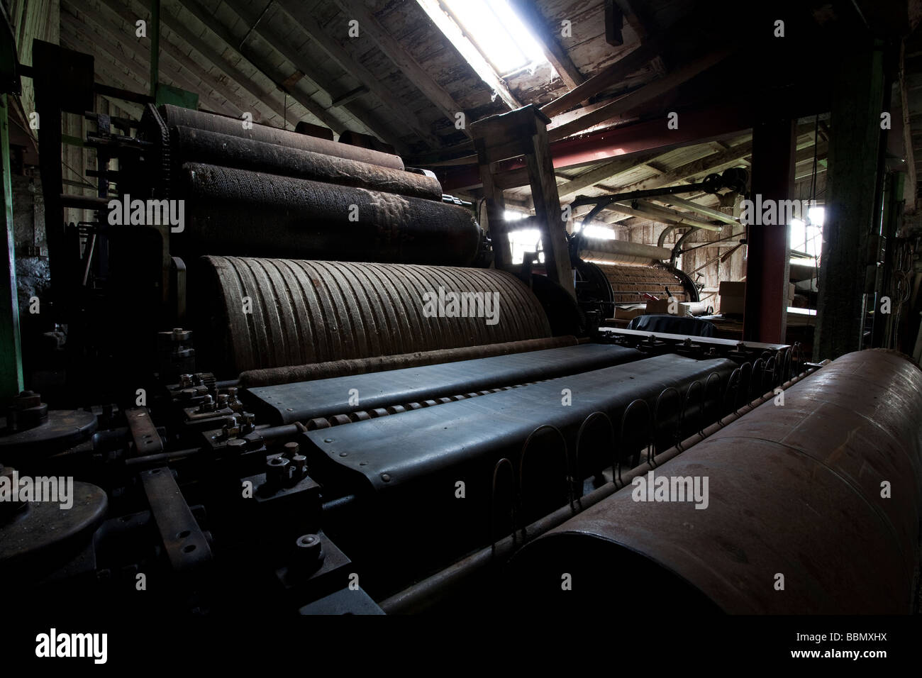 Kardieren Maschine, Wollspinnerei Knockando, Morayshire, Schottland Stockfoto