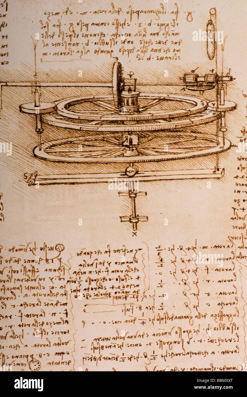 Studie über die Mechanik von einem Spinnrad von Leonardo da Vinci 1493-1497 Feder und Tinte Stockfoto