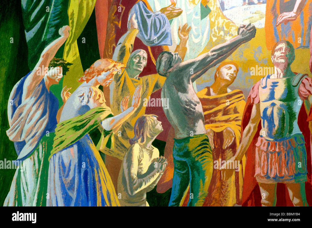 Wandmalerei von Hans Feibusch St Alban Märtyrer Kirchenraumes Clerkenwell "Die Dreifaltigkeit in Herrlichkeit", London England UK Kunst Stockfoto