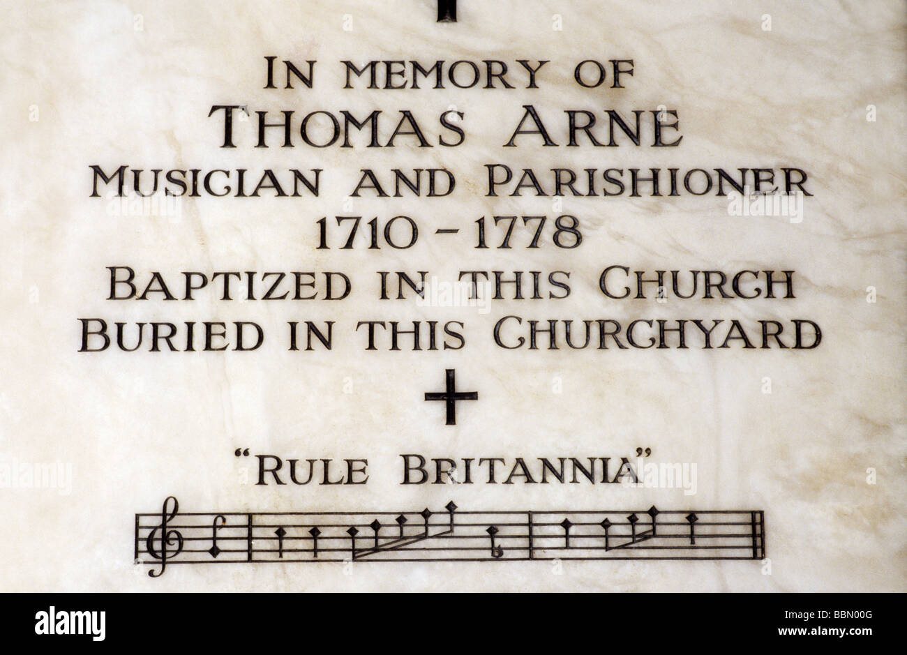 Str. Pauls Kirche Covent Garden Denkmal für Thomas Arne, englische musikalische Komponisten der Rule Britannia London England UK Stockfoto