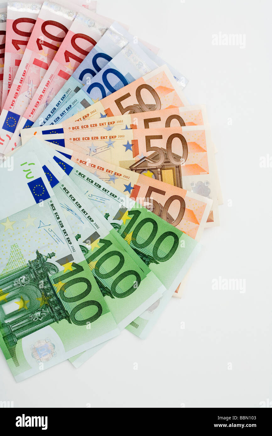 Euro-Banknoten aufgefächert, Nahaufnahme Stockfoto