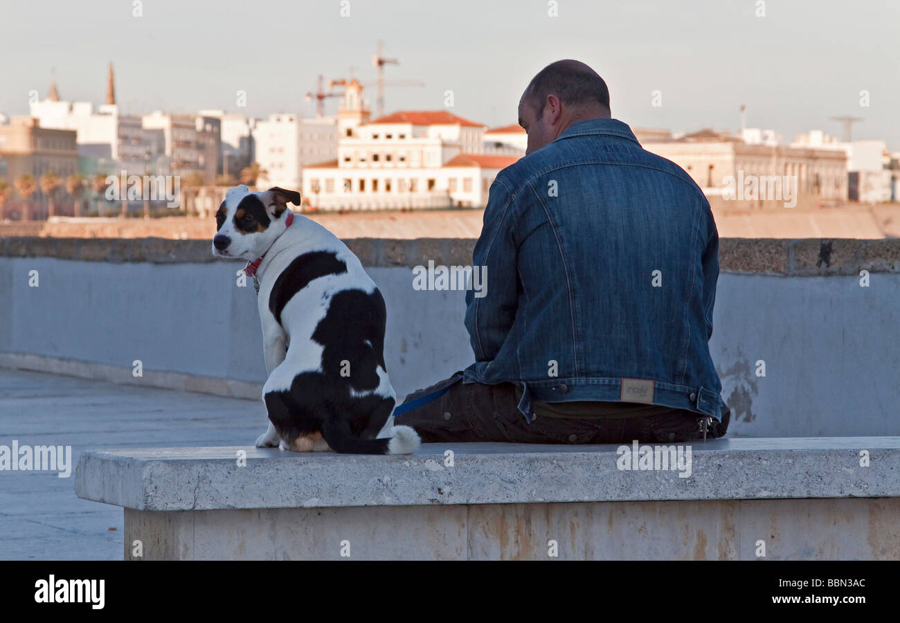 Mann und Hund sitzt auf einer Marmor Bank an der Waterfront promenade in Cadiz, Andalusien, Spanien, Europa Stockfoto