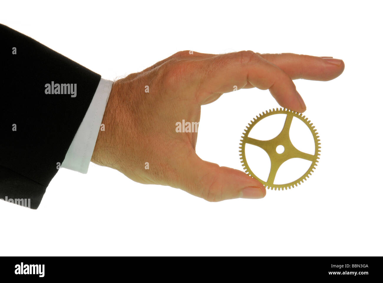Manager-Hand mit Zahnrad, ein symbolisches Bild für Teamarbeit Stockfoto