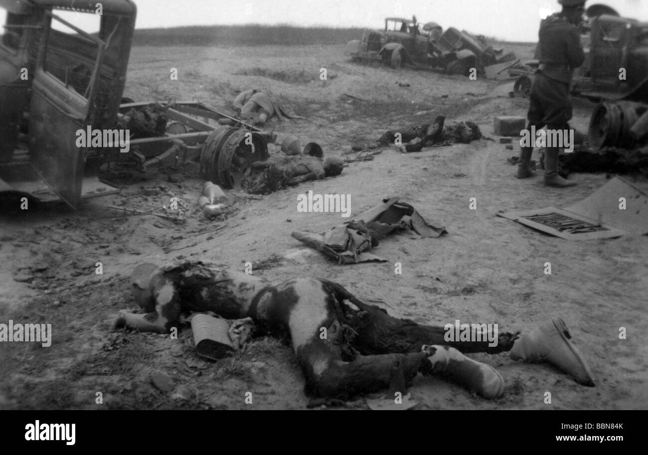 Ereignisse, Zweiter Weltkrieg/zweiter Weltkrieg, Russland 1941, Kolonne der Sowjetunion nach dem deutschen luftangriff zwischen Bialystok und Vaukavysk, zerstörte Lastwagen und tote Soldaten, Juli 1941, Stockfoto