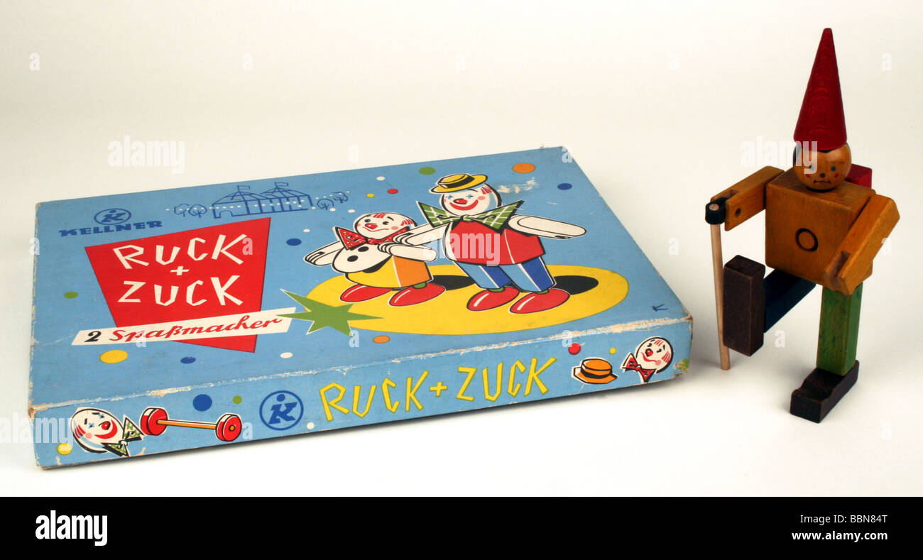 Spielzeug, Miniaturfiguren, Stapelfigurensatz "Ruck + Zuck", hergestellt von Kellner KG, Tabarz, DDR, 1950er Jahre, Stockfoto