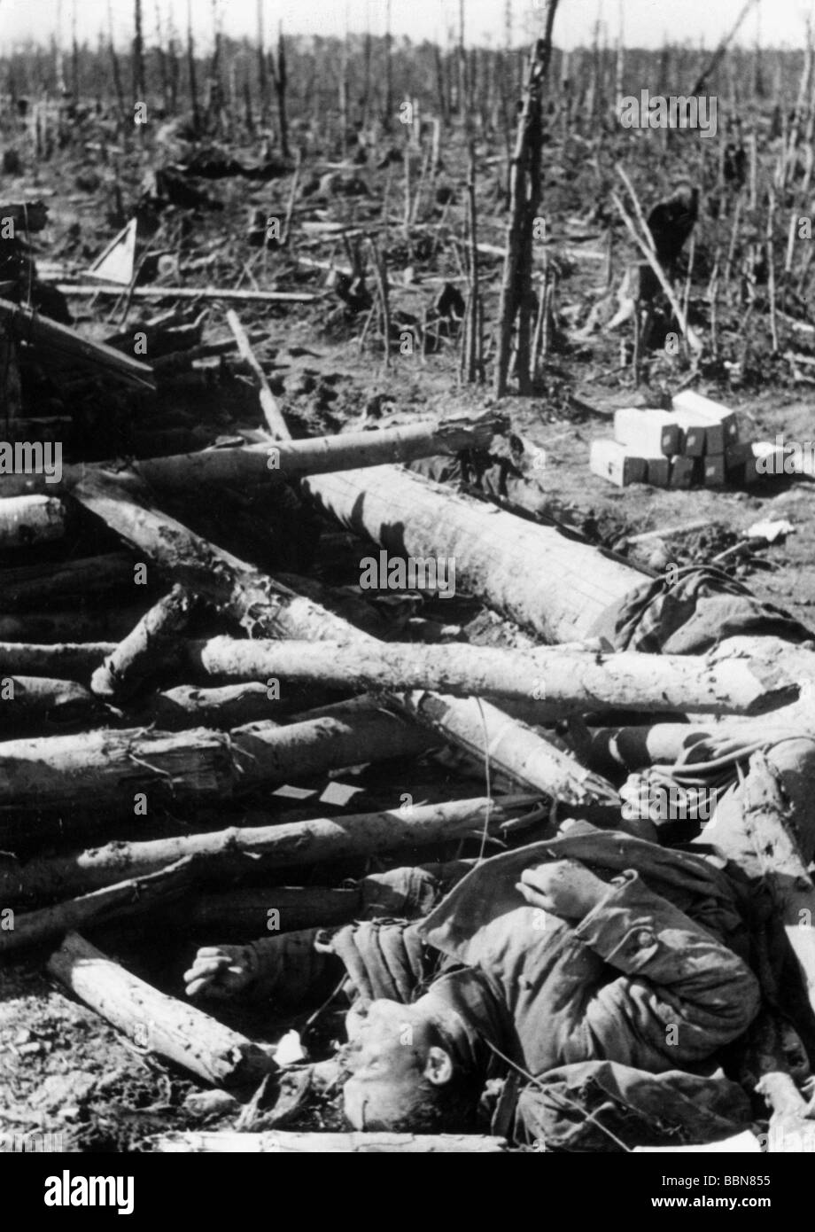 Ereignisse, Zweiter Weltkrieg / 2. Weltkrieg, Russland, gefallene Soldaten / tote Leichen, gefallener Soldat der Sowjetunion nach Feldkämpfen in einem Wald, ca. 1943, Stockfoto