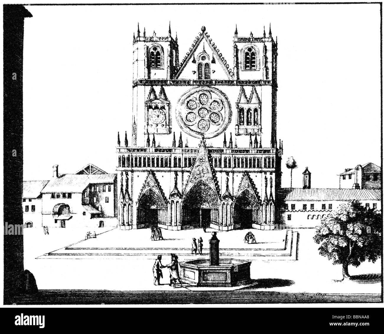 Geographie/reisen, Frankreich, Lyon, Kathedrale St. Jean, Außenansicht, Kupferstich von Matthäus Merian, 17. Jahrhundert, 'Atlantis', August 1932, Artist's Urheberrecht nicht geklärt zu werden. Stockfoto