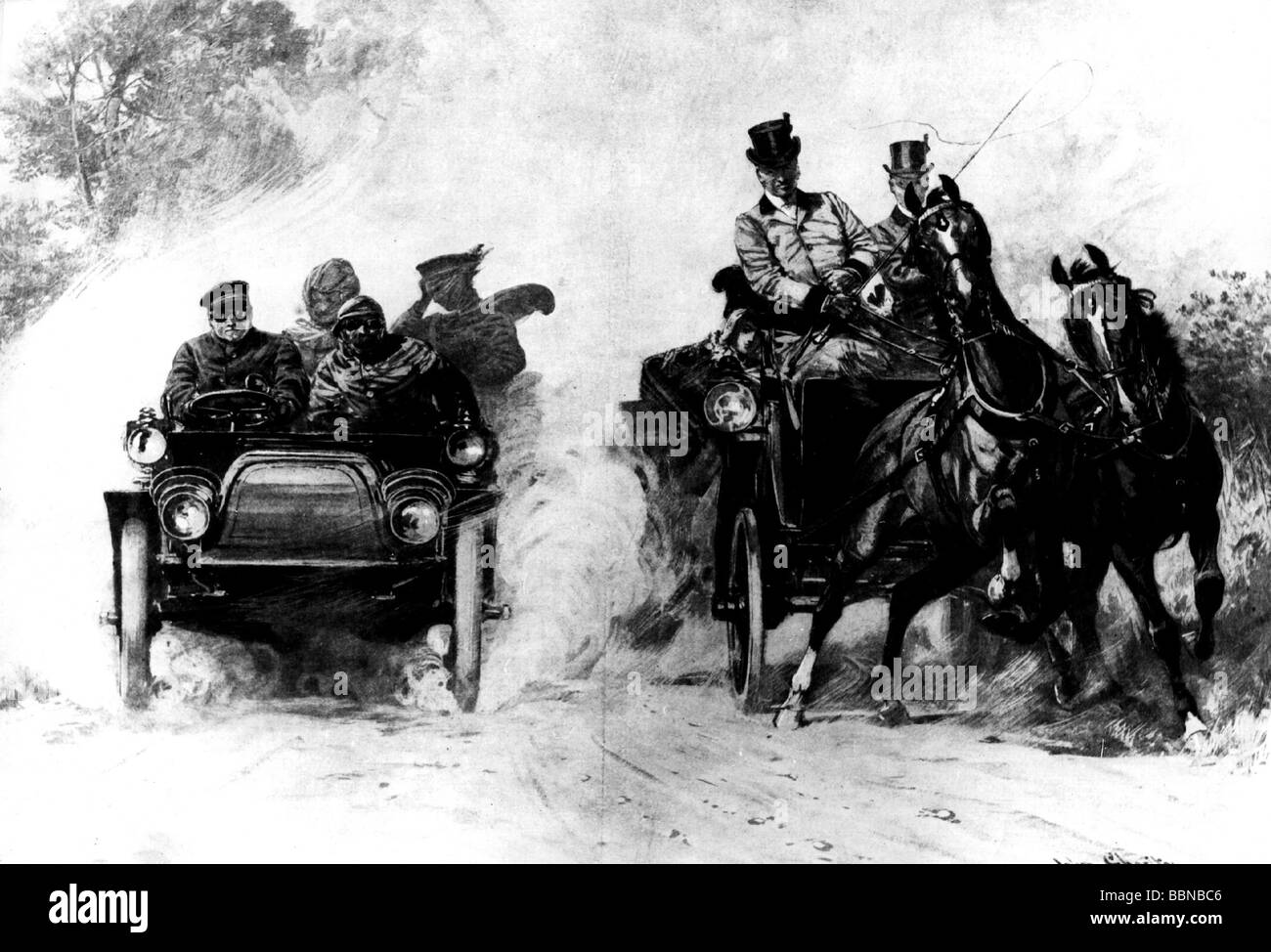 Transport/Verkehr, Reisebus, Rennen zwischen einer Pferdekutsche und einem Auto, "feindlichen Kräfte", Zeichnung von John Charlton, 1902, Artist's Urheberrecht nicht geklärt zu werden. Stockfoto
