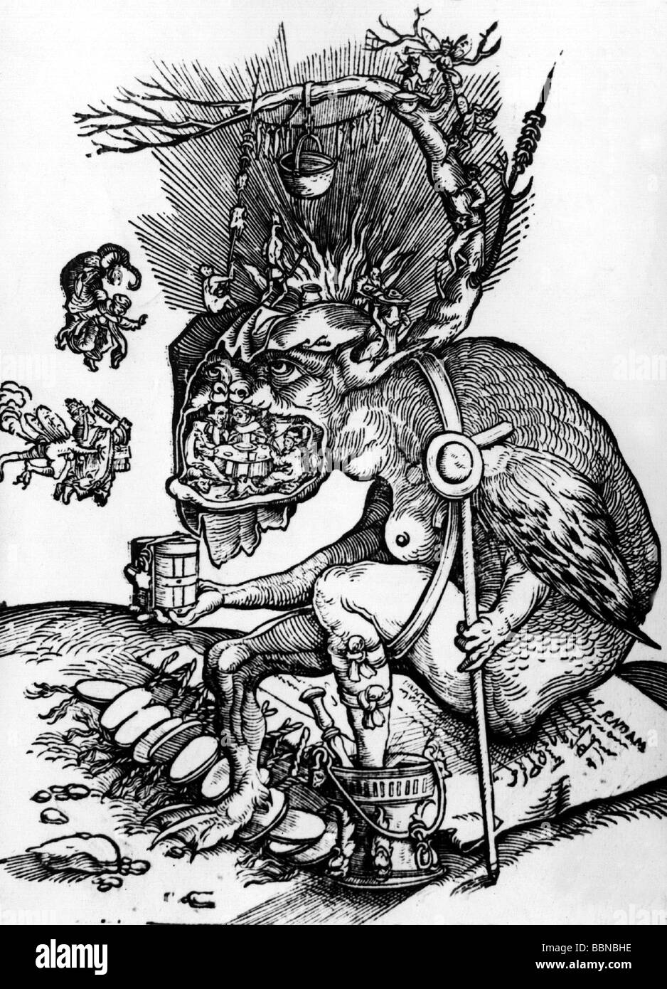 Aberglaube, Teufel, Holzschnitt von Hans Weiditz dem Jüngeren, ca. 15. Jahrhundert, Nationalmuseum der Schönen Künste, Budapest, Hölle, Schmerz, Folter, hellfire, Agonie, Strafe, Religion, Christenheit, bildende Künste, Mittelalter, historisch, historisch, Monster, Dämon, Mittelalter, Menschen, Stockfoto