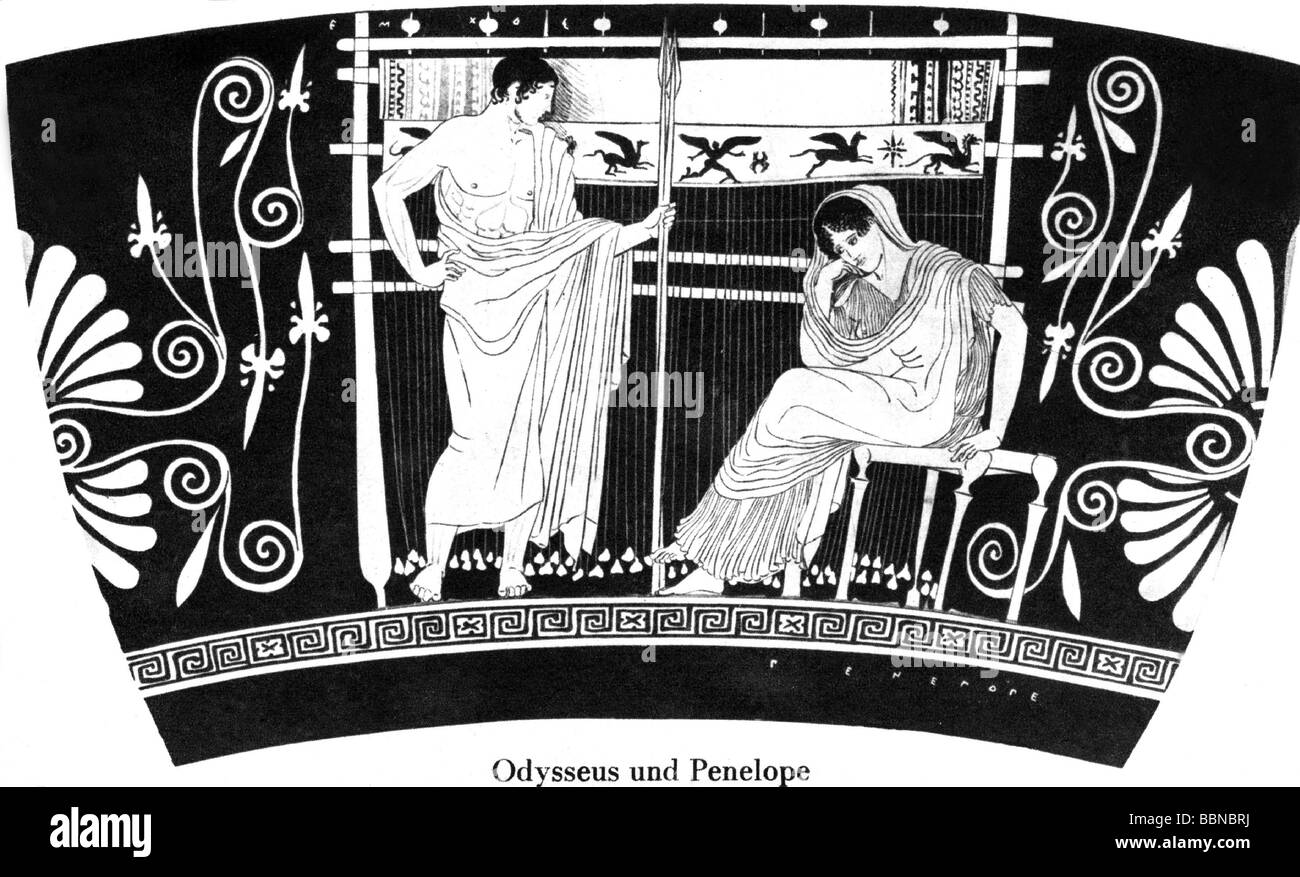 Odysseus (Ulysses), der griechische König von Ithaca und Held, trifft seine Frau Penelope Sad im Webstuhl, nach dem Bild auf einem antiken Trinkgefäß, Mitte des 5. Jahrhunderts v. Chr., Stockfoto
