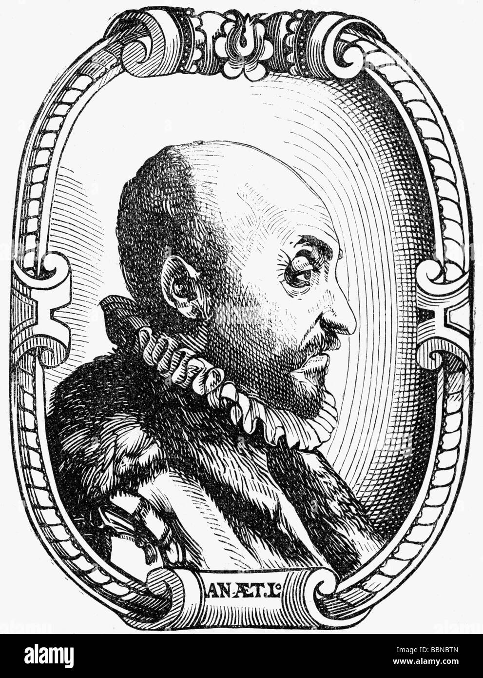 Della Porta, Giambattista, 1538 - 1615, italienischer Physiker, Dramatiker, Seitengesicht, Holzschnitt, Stockfoto