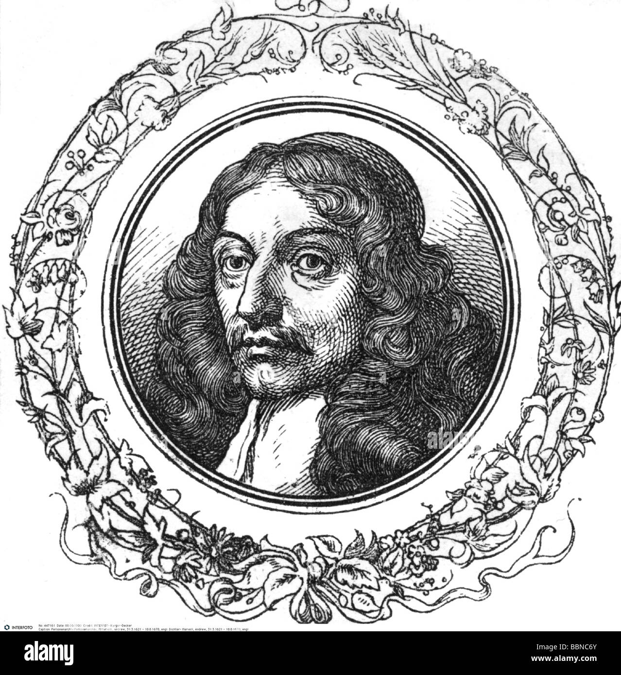 Marvell, Andrew, 31.3.1621 - 18.8.1678, britischer Autor/Schriftsteller (Dichter), Porträt, nach zeitgenössischem Bild, Holzgravur, 19. Jahrhundert, Stockfoto