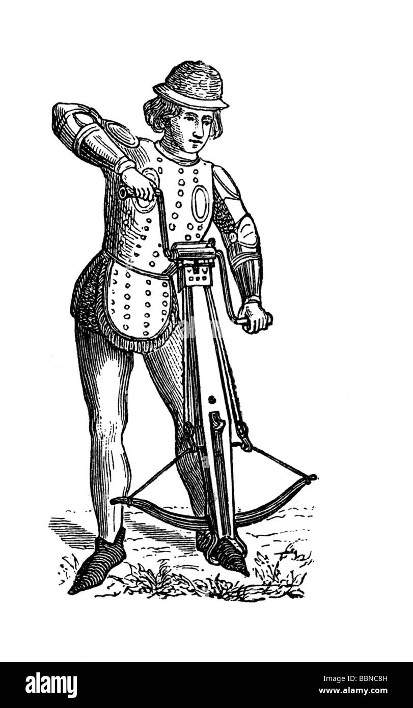 Militär, Mittelalter, Armbrust Bogenschützen, Stretching der Armbrust mit Block und Tackle, Holzgravur, Ende des 19. Jahrhunderts, Handrollenblock, Hebeblock, Satz von Riemenscheiben, gestreckt, Strecken, gespannter Bogenjäger, Bogenschütze, Bogenjäger, Bogenjäger, Bowmen, historisch, historisch, Infanterie, Griff, Griffe, Waffe, Waffen, Arme, Clipping, herausschneiden, ausschneiden, ausschneiden, ausschneiden, ausschneiden, ausschneiden, Männer, Mann, Mann Mittelaltertümler, Menschen, Männer, Stockfoto