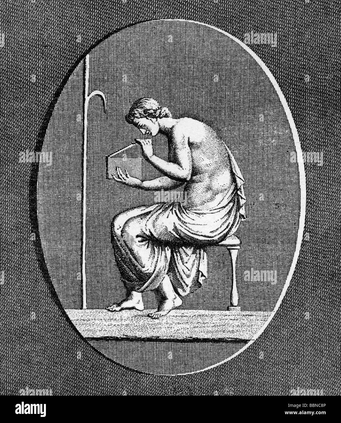 Pandora ('Geber alles, alle ausgestattet'), der Griechischen Göttin, Mythologie, dem Öffnen der Büchse der Pandora, Kupferstich, 18. Jahrhundert, Artist's Urheberrecht nicht gelöscht werden Stockfoto