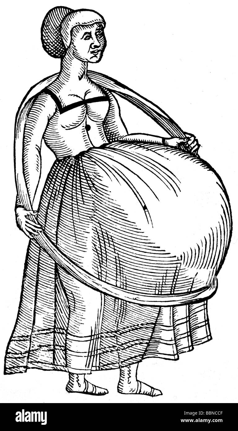 Menschen, Frauen, Schwangerschaft, schwangere Frau mit Riemen, die ihren Bauch, den Holzschnitt, von Jost Amman (1539 - 1591), von "de Conceptu et Generatione Hominis", von Jakob Rueff (um 1500 - 1558), Schweiz, 1554, private Sammlung, Stockfoto