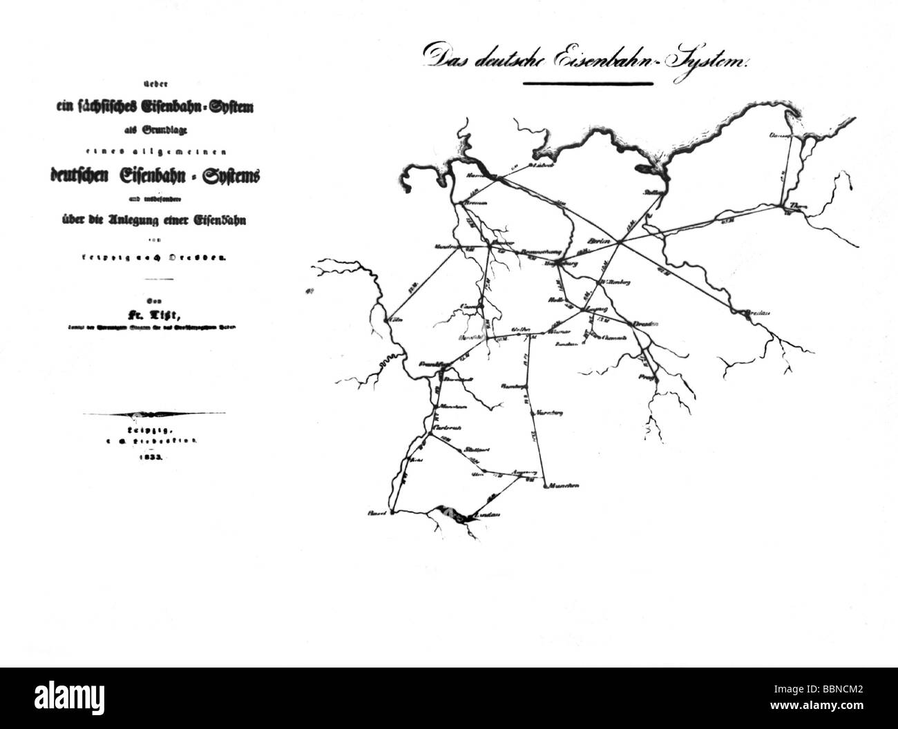Liste, Friedrich, 6.8.1789 - 30.11.1846, deutscher politischer Ökonom, Politiker, seine Konzeption eines Schienennetzes, Schienennetze Deutschlands, Leipzig, 1834, Stockfoto
