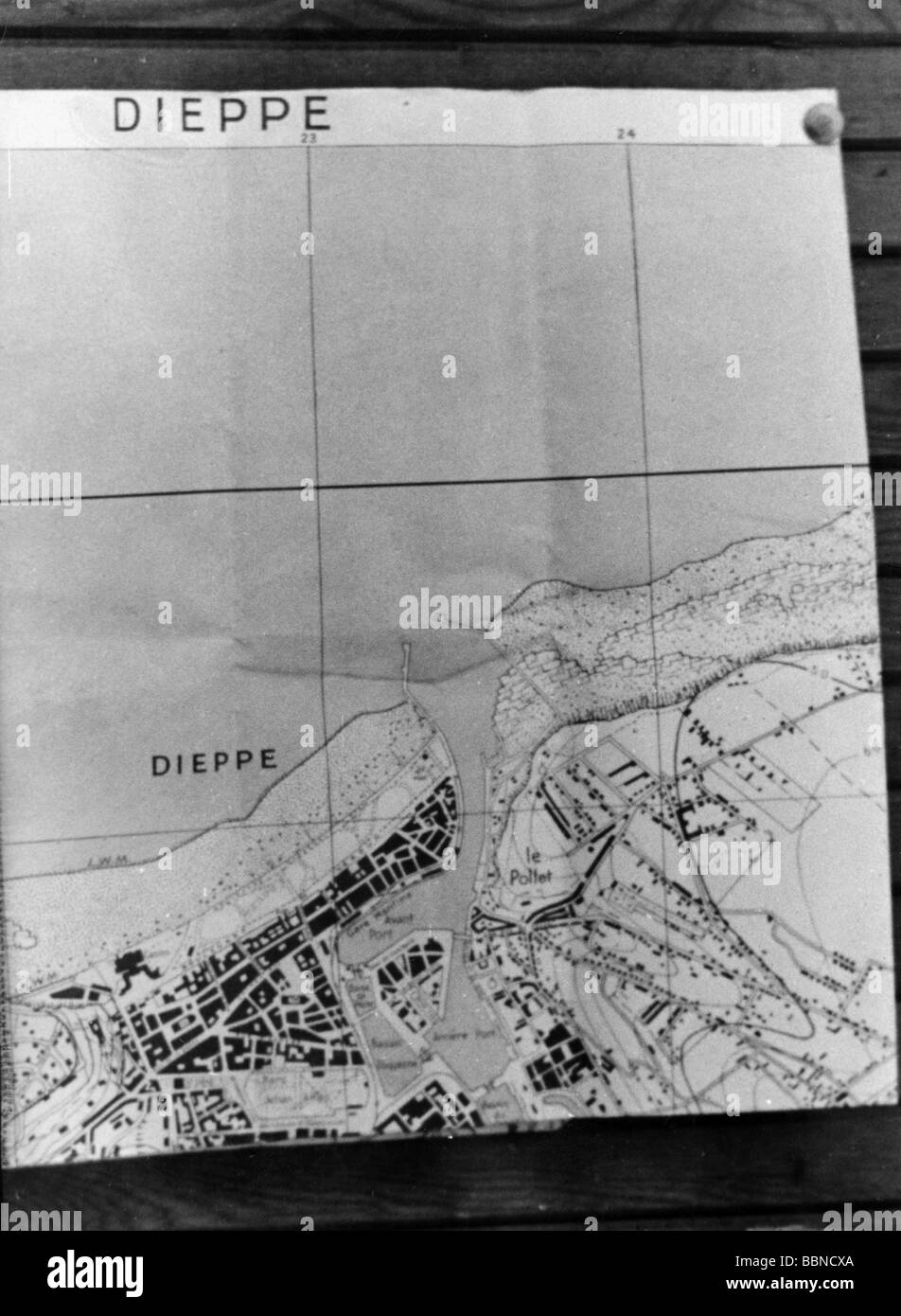 Ereignisse, Zweiter Weltkrieg/zweiter Weltkrieg, Frankreich, Dieppe, 19.8.1942, Karte eines gefangenen kanadischen Soldaten, Dieppe-Hafen, Stockfoto