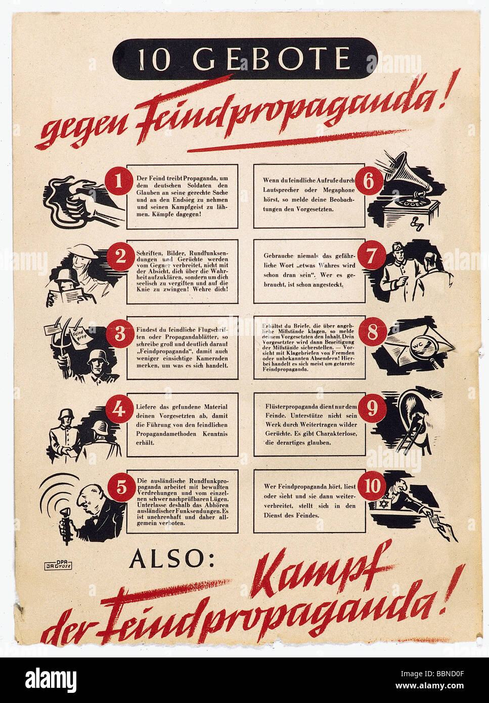 Ereignisse, Zweiter Weltkrieg/Zweiter Weltkrieg, Propaganda, Deutschland, Ankündigung "10 Gebote gegen Feindliche Propaganda", ca. 1944, Stockfoto