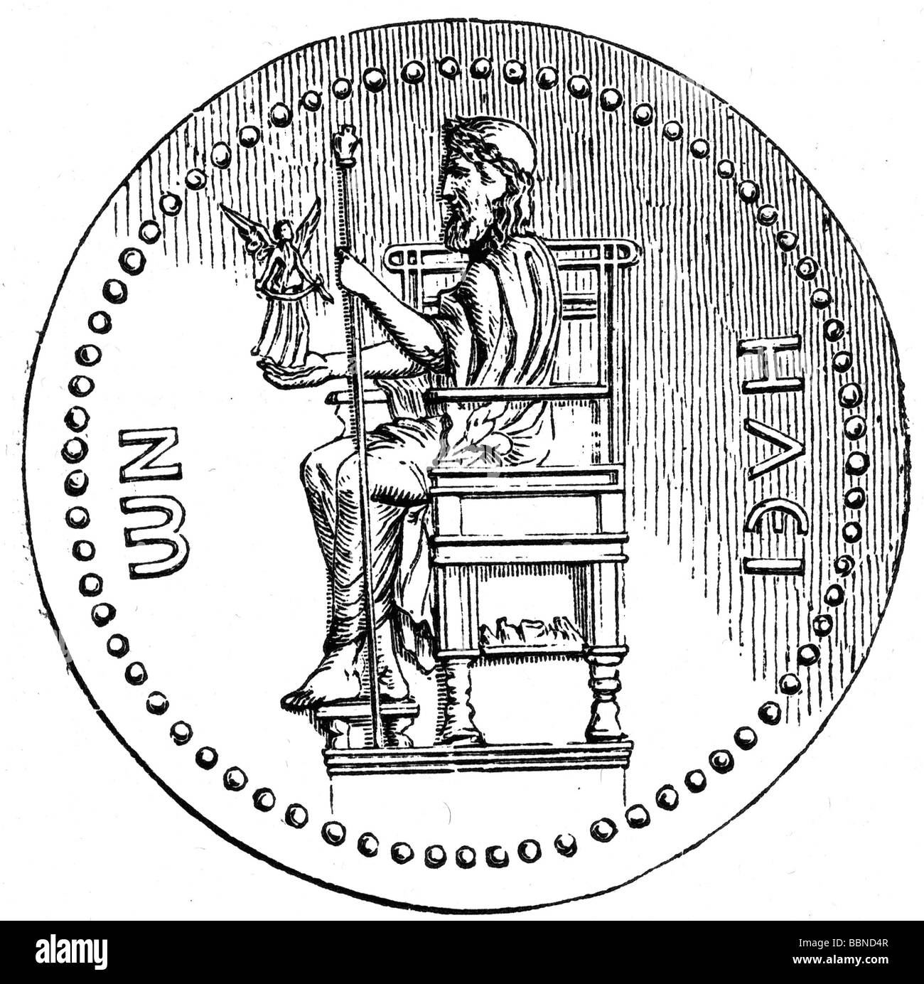 Zeus (lat.: Jupiter), der griechische "König der fünf", Anführer der Götter, gott des Himmels und Donner, halb so lang, nach Statue aus dem Zeustempel, Phidias, Holzgravur, 19. Jahrhundert, nach der Münze, Stockfoto
