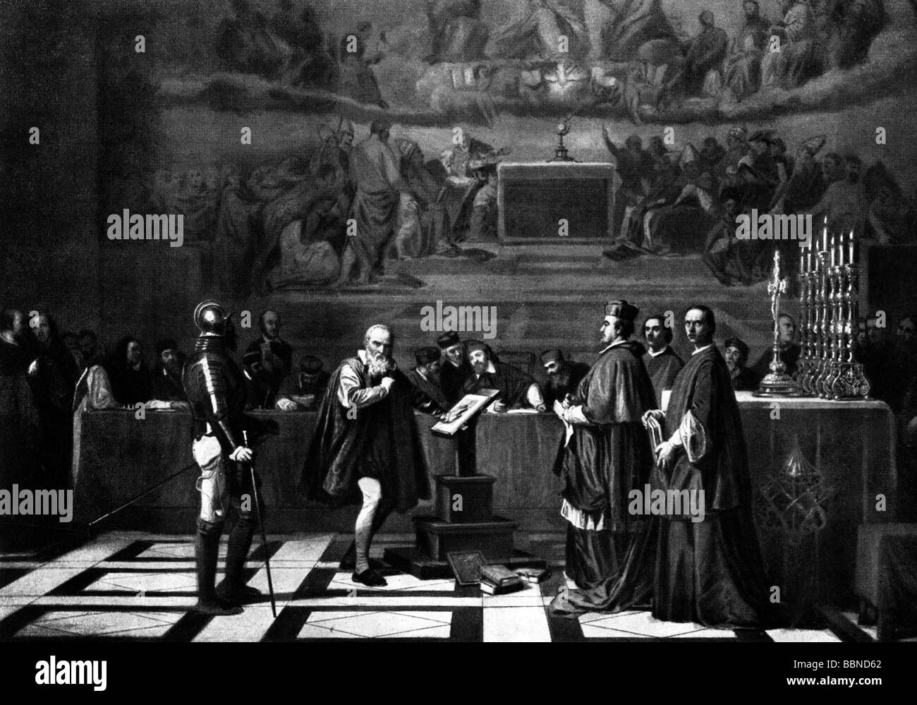 Galilei, Galileo, 15.2.1564 - 8.1.1642, Italienische Wissenschaftler (Astronom, Physiker und Philosoph, während der Inquisition in Rom, 1633 nach dem Gemälde von Robert Fleury, Artist's Urheberrecht nicht geklärt zu werden. Stockfoto