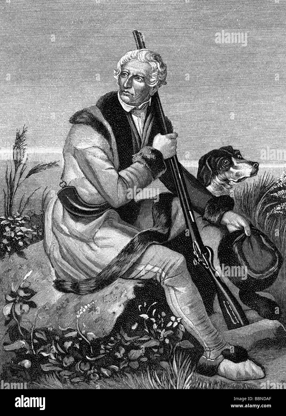 Boone, Daniel, 2.11.1734 - 26.9.1820, amerikanischer Pionier und Jäger, volle Länge, nach Malerei von Alonzo Chappel, Holzgravur, 19. Jahrhundert, Stockfoto