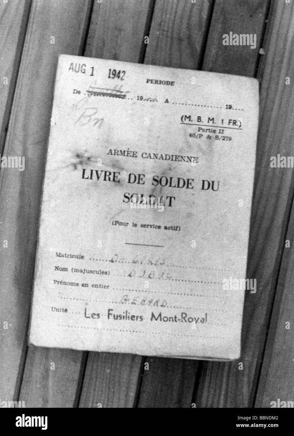 Ereignisse, Zweiter Weltkrieg/zweiter Weltkrieg, Frankreich, Dieppe, 19.8.1942, Gehaltsbuch eines gefangenen kanadischen Soldaten, Stockfoto