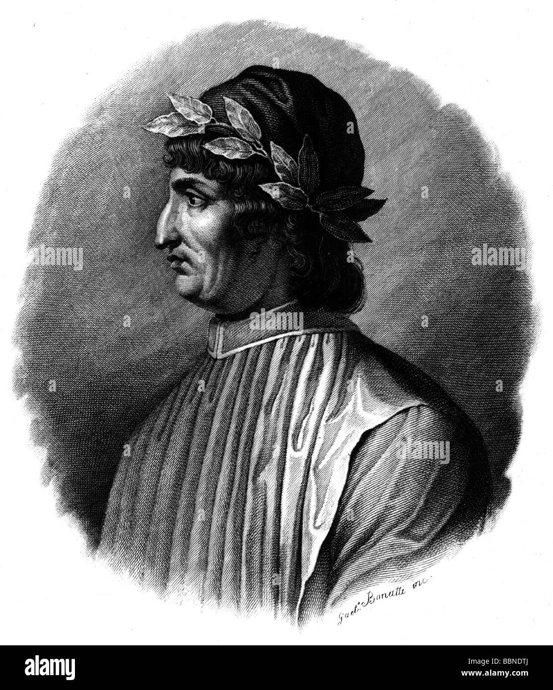 Poliziano, Angelo, 14.7.1454 - 24.9.1494, italienischer Autor/Schriftsteller (Dichter), Porträt, Lorbeerkranz, Stockfoto