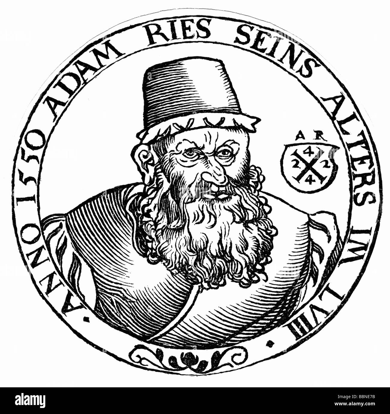 Ries, Adam, 27.3. 1492 - 30.3.1559, deutscher Mathematikhistoriker, Porträt, Titelseite seines Buches "Rechenung nach der Menge auff den linihen vnd", Stockfoto