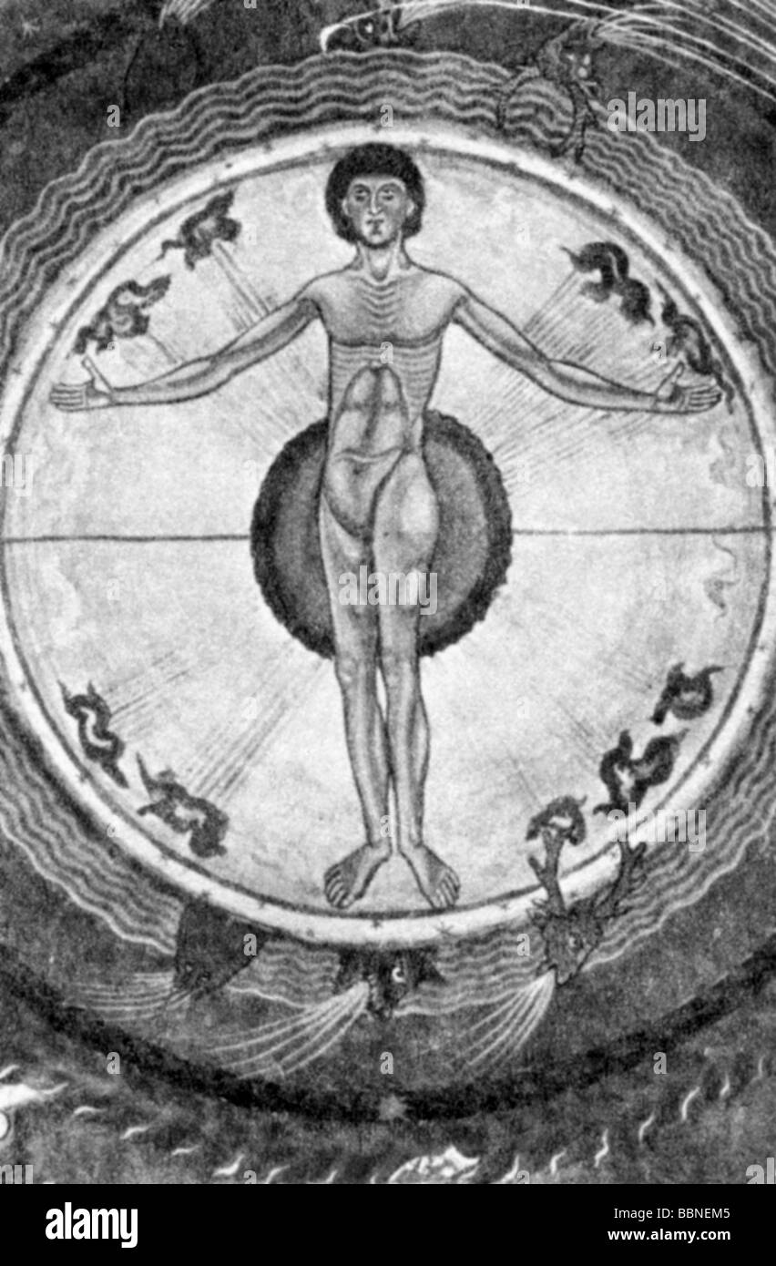 Hildegard von Bingen, ca. 1098 - 19.9.1179, Deutsche Heiliger, Nonne, Mystiker, Vision "Der Kosmos Mensch im Weltrad", Miniatur aus "Liber divinorum operum", Kodex Lat. 1942, Biblioteca Governativa di Lucca, Stockfoto
