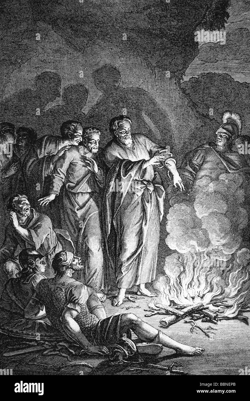 Paulus (Saulus von Tarsus), ca. 1 - 64 AD, saint, "Apostel der Heiden", Szene: Rettung aus dem Gift Schlange, Kupferstich aus dem Niederländischen Bibel des 18. Jahrhunderts, Artist's Urheberrecht nicht gelöscht werden Stockfoto