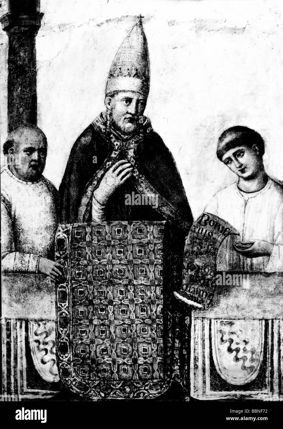 Bonifatius VIII (Benedetto Geatani), ca. 1230 - 11.10.1303, Papst 24.12.1294 - 11.10.1303, halbe Länge, Fresko von Giotto di Bondone, Kirche San Giovani in Laterano, Rom, Stockfoto