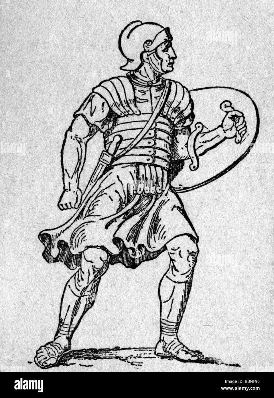 Militär, alte Welt, Römisches Reich, Legionär, Zeichnung nach Erleichterung der Trajanssäule, ca. 110 n. Chr., Infanterie, Soldat, Antike, historisch, historisch, alteingesessener Welt, Menschen, Stockfoto