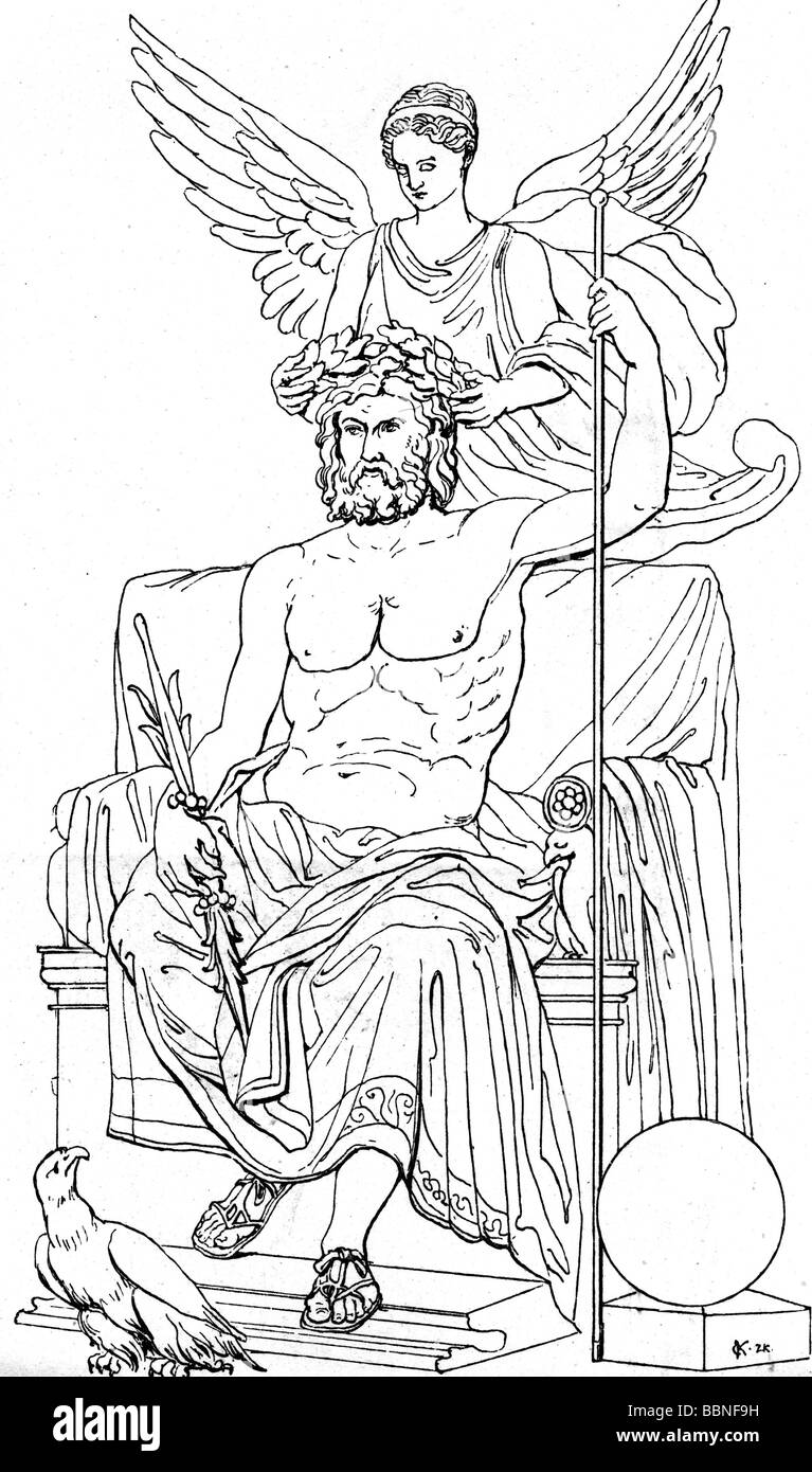 Zeus (lat.: Jupiter), der griechische "König der fünf", Anführer der Götter, gott des Himmels und Donner, wird von Nike, der Siegesgöttin, der Holzgravur, des 19. Jahrhunderts, gekrönt. Stockfoto