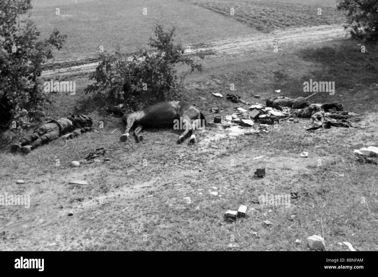 Ereignisse, Zweiter Weltkrieg/zweiter Weltkrieg, Russland 1941, Kolonne der Sowjetunion nach dem deutschen luftangriff zwischen Bialystok und Vaukavysk, gefallenen sowjetischen Soldaten und totem Pferd, Juli 1941, Stockfoto