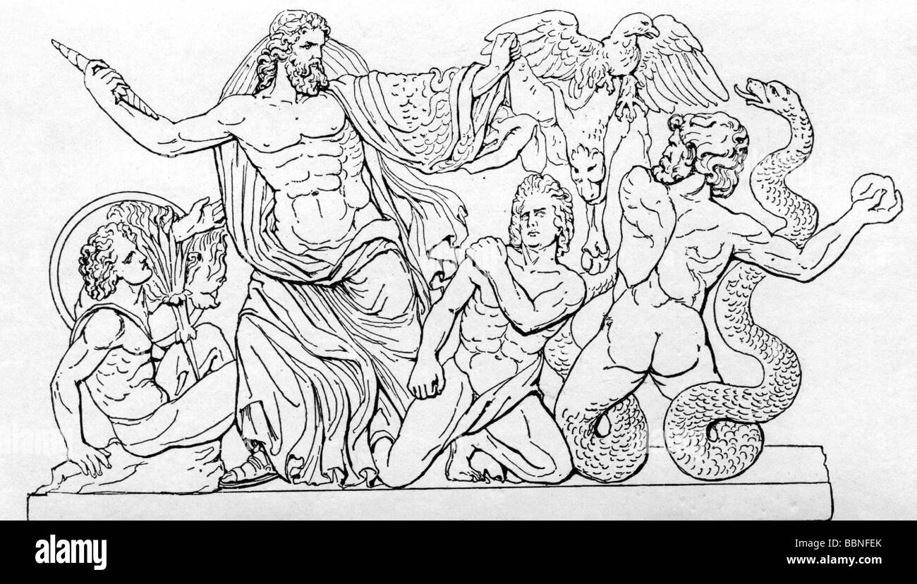 Zeus (lat.: Jupiter), der griechische "König der fünf", Anführer der Götter, gott des Himmels und Donner, Szene, Zeichnung nach dem Pergamonaltar, Stockfoto