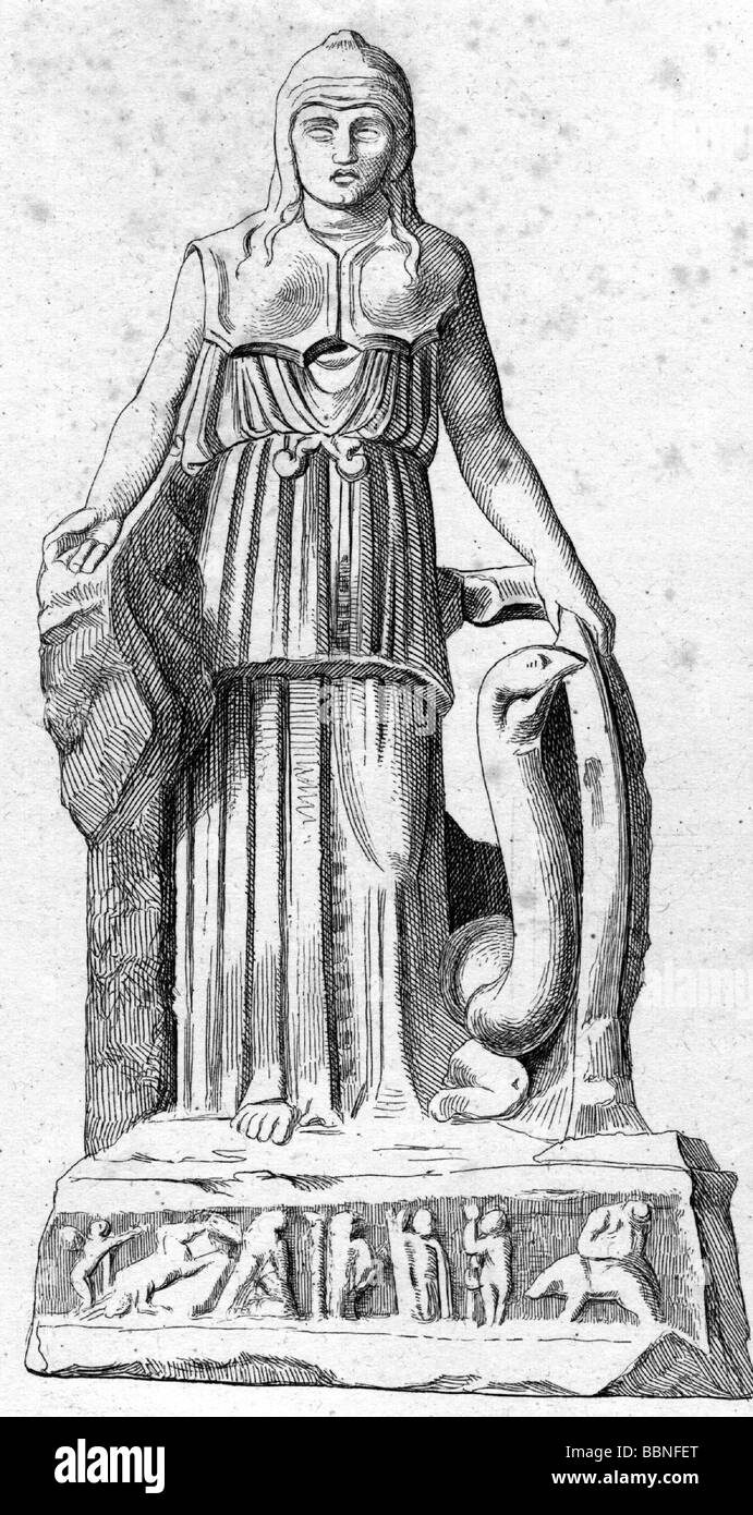 Athena, griechische Gottheit der Weisheit und des Krieges, volle Länge, Holzgravur, 19. Jahrhundert, nach der alten Statue, Stockfoto