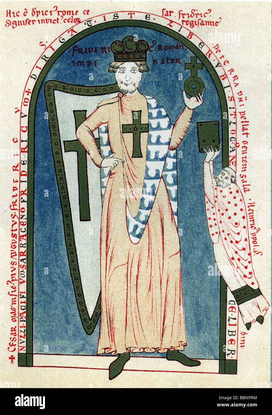 Friedrich I. 'Barbarossas', ca. 1122 - 10.6.1190, Heiliger römischer Kaiser 18.6.1155 - 10.6.1190, volle Länge, als Kreuzfahrer, nach Miniatur, 1188, Stockfoto