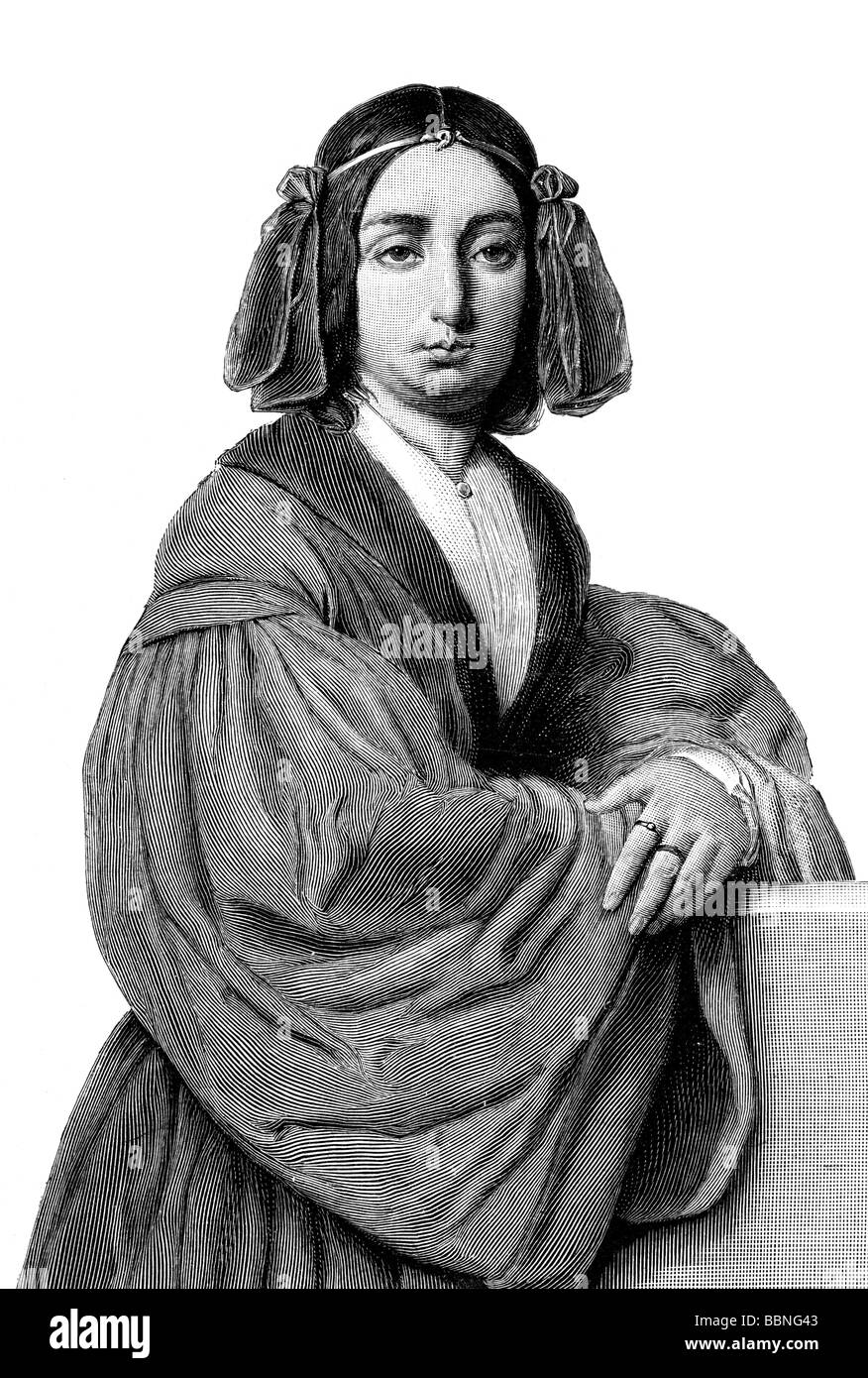 Sand, George, 2.7.1804 - 7.6.1876, französischer Autor / Schriftsteller, halbe Länge, Holz Gravur, 1840 nach Zeichnung von Luigi Calamatta Stockfoto