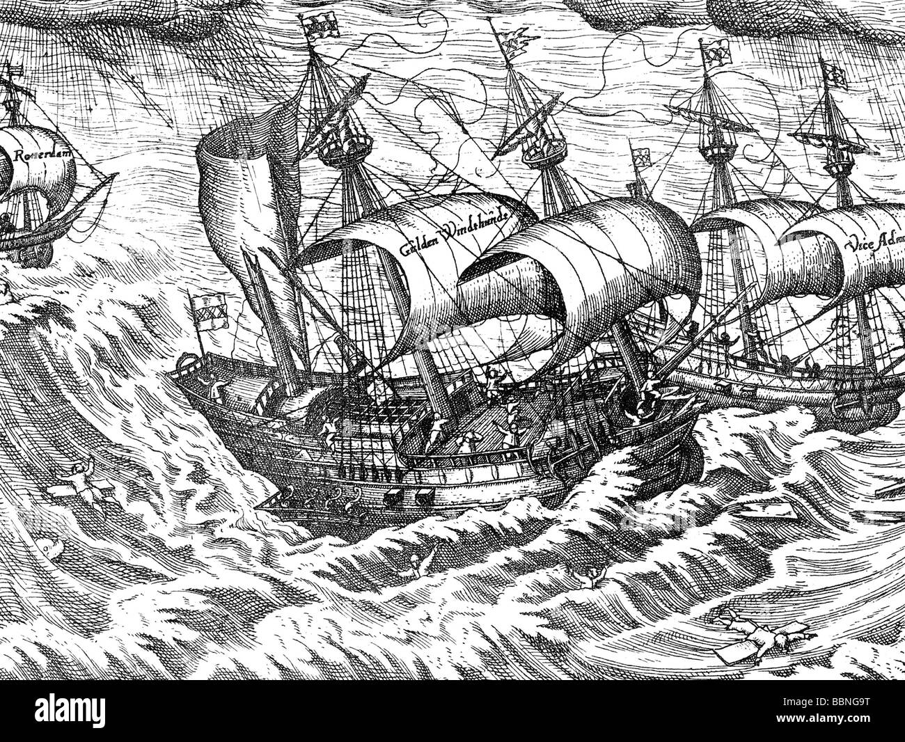Barentsz, Willem, circa 1550 - 20.6.1597, niederländischer Seefahrer und Entdecker, 2 Expedition 1595, Schiffe im Sturm am Nordkap, zeitgenössischer Kupferstich, Artist's Urheberrecht nicht gelöscht werden Stockfoto