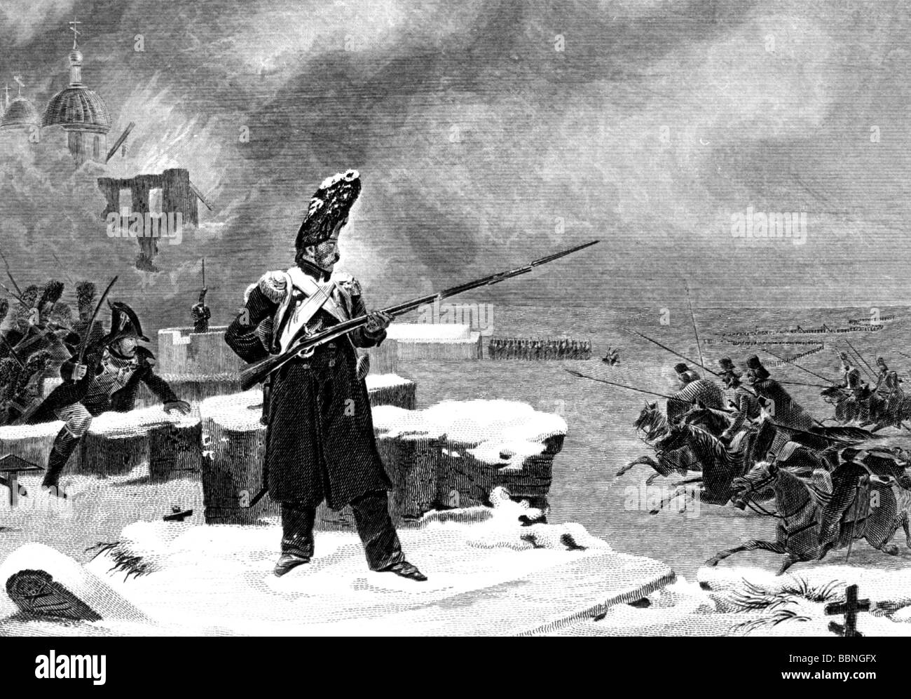 Veranstaltungen, Kampagne in Russland, 1812, Moskau, 11.9.- 6.10.1812, Kosaken, die einen Sentry der französischen Garde angreifen, Stahlgravur von Leon Cogniet (zwischen 1790-1880), Fehler: Zu dieser Zeit des Jahres gab es keinen Schnee, napoleonische Kriege, Krieg, Russen, Grenadiere, Ladegewehr, Soldat, Mantel, Militär, Russisch, historisch, historisch, 19. Jahrhundert, Menschen, Stockfoto
