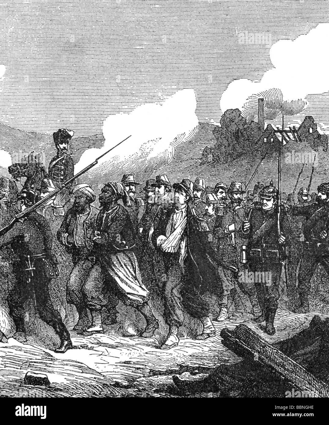 Ereignisse, französisch-preussischer Krieg 1870 - 1871, Schlacht bei Sedan, 1.9.1870, französische Kriegsgefangene, Holzgravur, 19. Jahrhundert, pows, Franco - preussisch, Frankreich, historisch, historisch, Menschen, Stockfoto