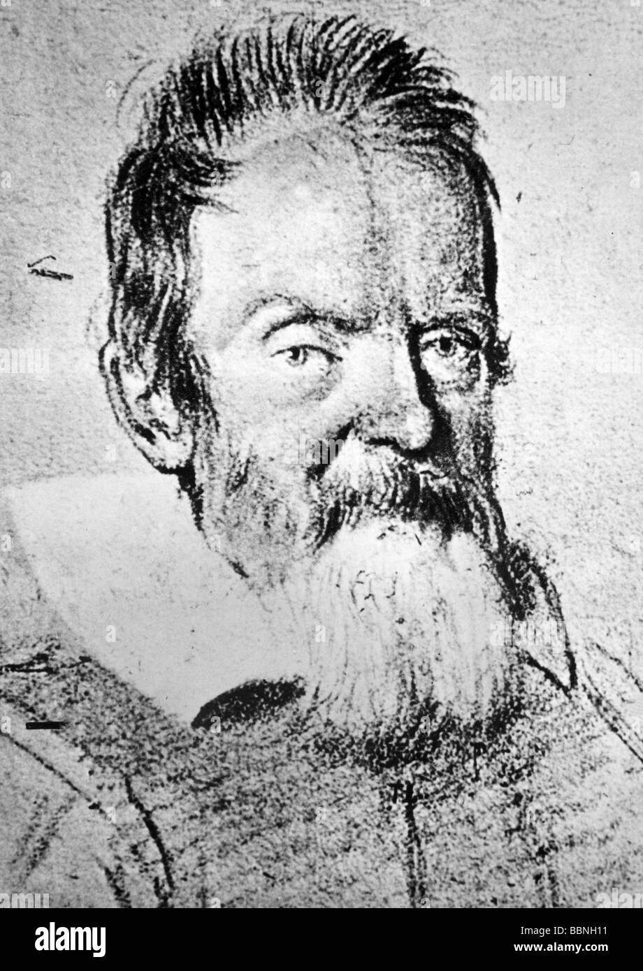 Galilei, Galileo, 15.2.1564 - 8.1.1642, italienischer Wissenschaftler (Astronom, Physiker) und Philosoph, Porträt, Zeichnung von O. Leoni, 1624, Stockfoto